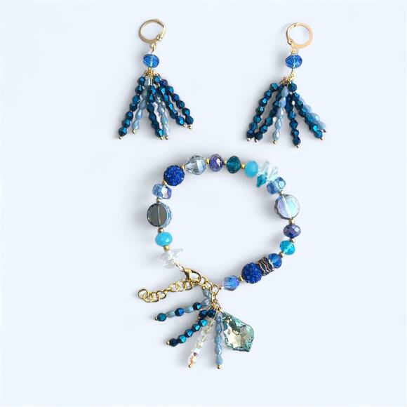 Swarovski Beaded Bracelet & Earrings Set – Blue & Gold Women’s Jewelry Gift - Picture 1 of 15